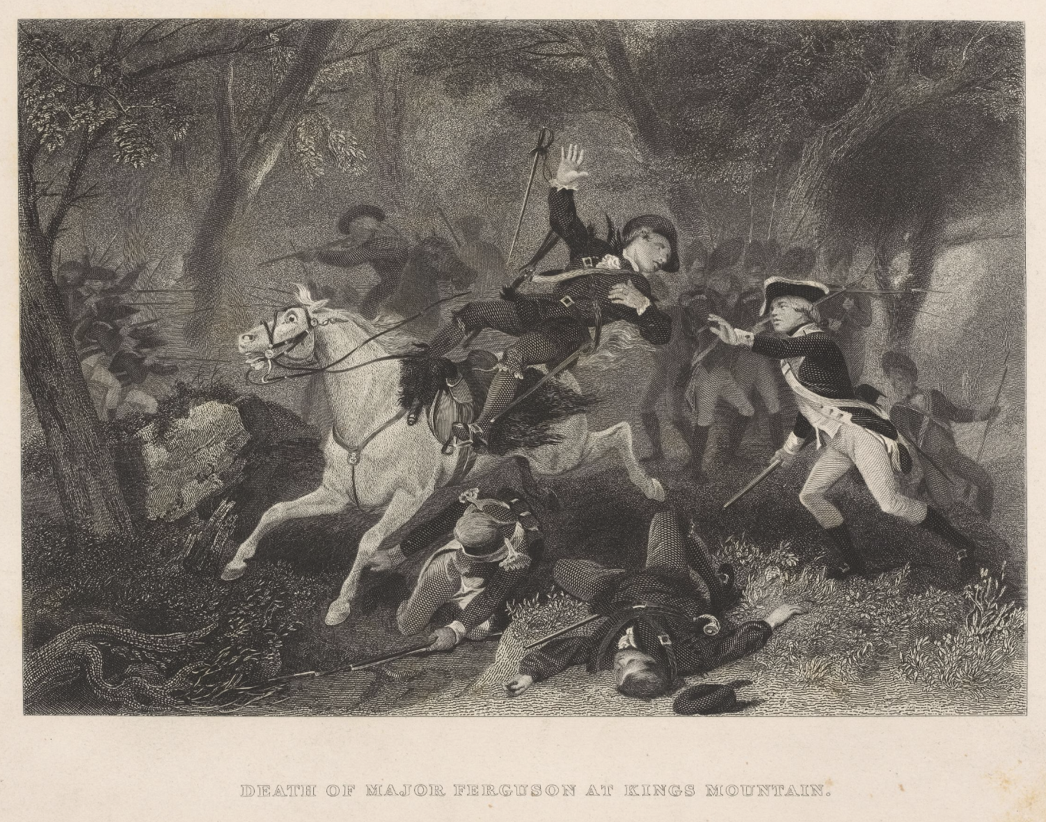 The Miriam and Ira D. Wallach Division of Art, Prints and Photographs: Print Collection, The New York Public Library. “Death of Major [Patrick] Ferguson at Kings Mountain.” New York Public Library Digital Collections.